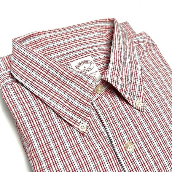 Brooks Brothers Structured Cotton Shirt Button Up White Red Plaid Short Sleeve L - Picture 2 of 10